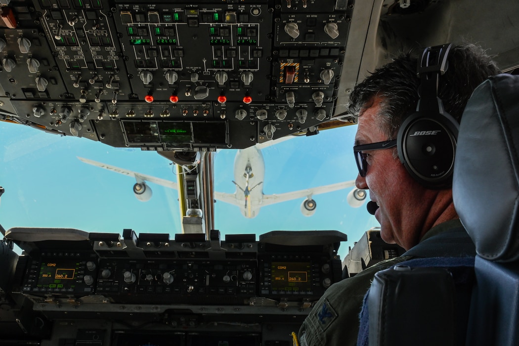 U.S. Air Force Col. John Masterson, 97th Operations Group (OG) commander, prepares to receive fuel in a C-17 Globemaster III aircraft from a KC-46 Pegasus aircraft, in the Texas airspace, Oklahoma, April 30, 2024. The aerial refueling took place during a large force exercise conducted by the 97th OG. (U.S. Air Force photo by Airman 1st Class Jonah G. Bliss)