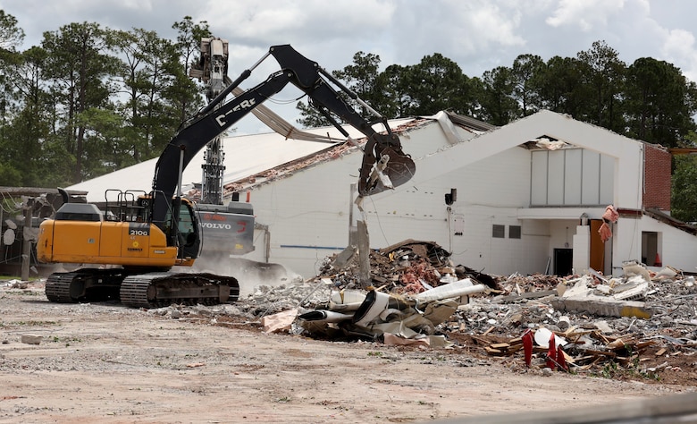 Excavators demolish a section of the old Fort Stewart, Georgia, elementary school