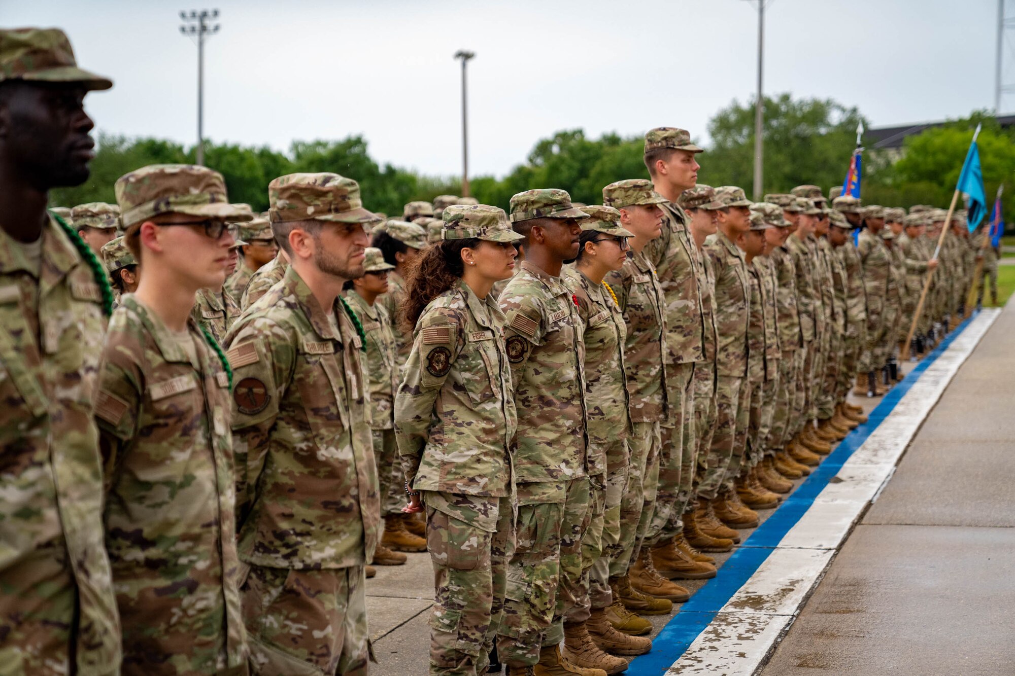 81st Training Group Airmen and Guardians listen to an address from Secretary of the Air Force Frank Kendall at Keesler Air Force Base, Mississippi, May 3, 2024.