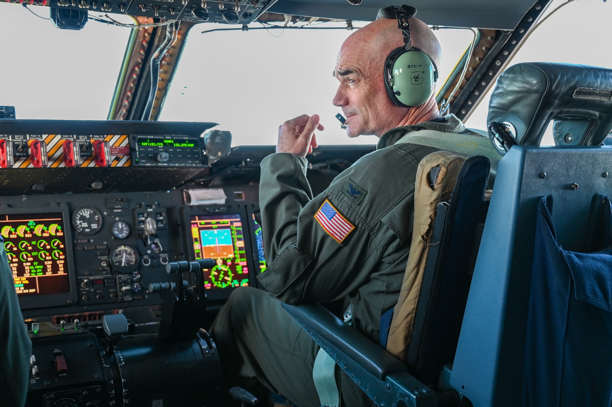 Col. William Gutermuth, 433rd Airlift Wing commander, communicates with aircrew in preparation to land a 433rd AW C-5M Super Galaxy on the flightline at Joint Base San Antonio-Lackland, Texas Apr. 21, 2024.