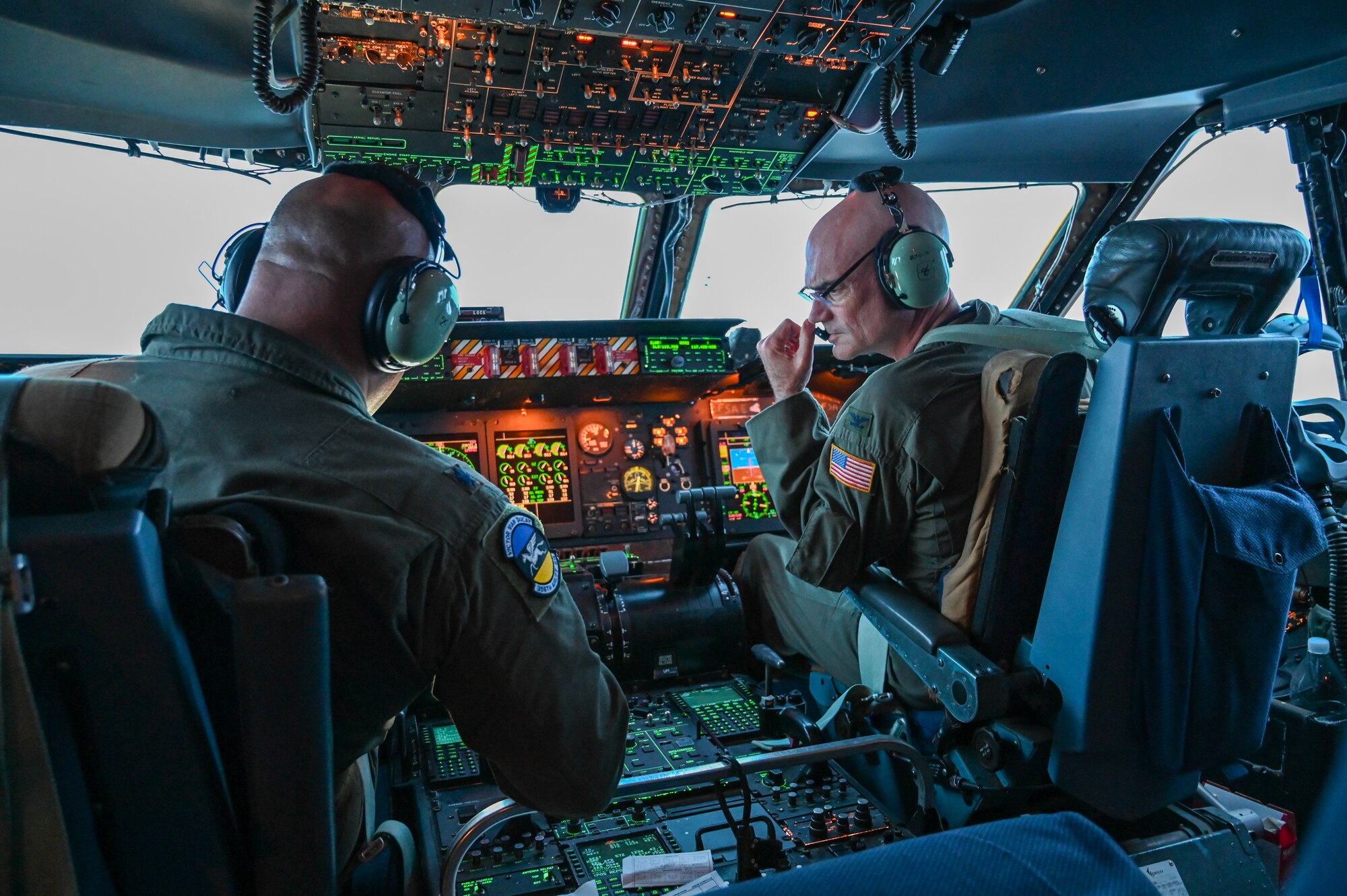 Col. William Gutermuth, right, 433rd Airlift Wing commander, and Lt. Col. Christopher Jones, left, 356th Airlift Squadron commander prepare a 433rd AW C-5M Super Galaxy for a landing at Joint Base San Antonio-Lackland, Texas Apr. 21, 2024.