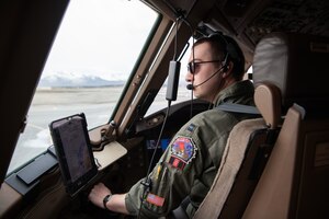 U.S Air Force Capt. Stefan Vetters, an instructor pilot with the 349th Air Refueling Squadron, McConnell Air Force Base, Kansas, prepares for takeoff in a KC-46A Pegasus at Joint Base Elmendorf-Richardson, Alaska, during RED FLAG-Alaska 2401, May 2, 2024. RED FLAG-Alaska provides unique opportunities to integrate various U.S. and allied forces into joint, coalition and multilateral training from simulated forward operating bases. (U.S. Air Force Photo by Airman Raina Dale)