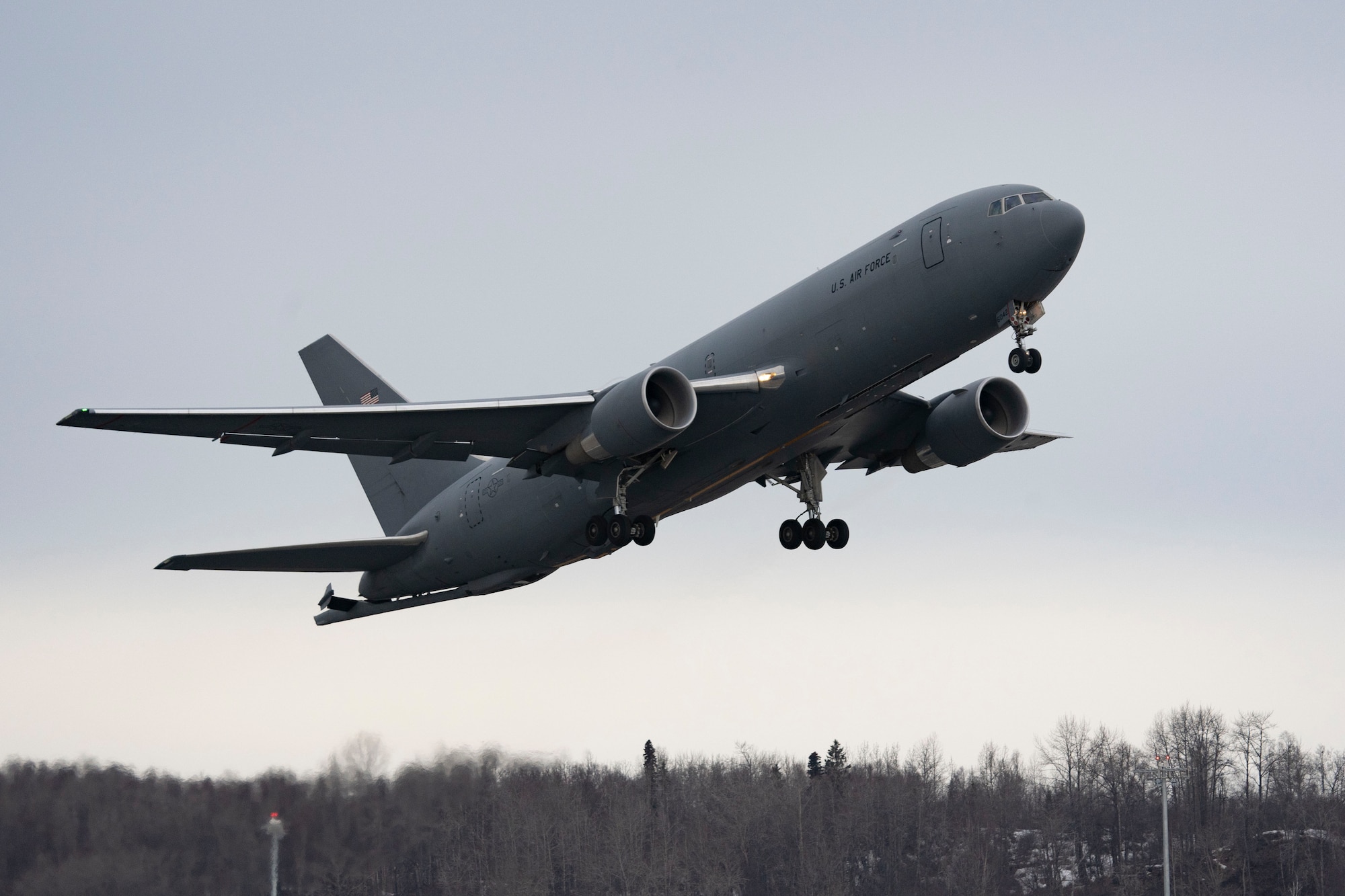 A U.S. Air Force KC-46A Pegasus assigned to the 349th Air Refueling Squadron, Travis Air Force Base, California, takes off during RED FLAG-Alaska 24-1 at Joint Base Elmendorf-Richardson, Alaska, April 19, 2024. The Indo-Pacific is a top priority for the United States and the DoD; exercises like RF-A display a commitment to ensuring U.S. forces are capable and ready to face the evolving challenges in the region. (U.S. Air Force photo by Senior Airman Julia Lebens)
