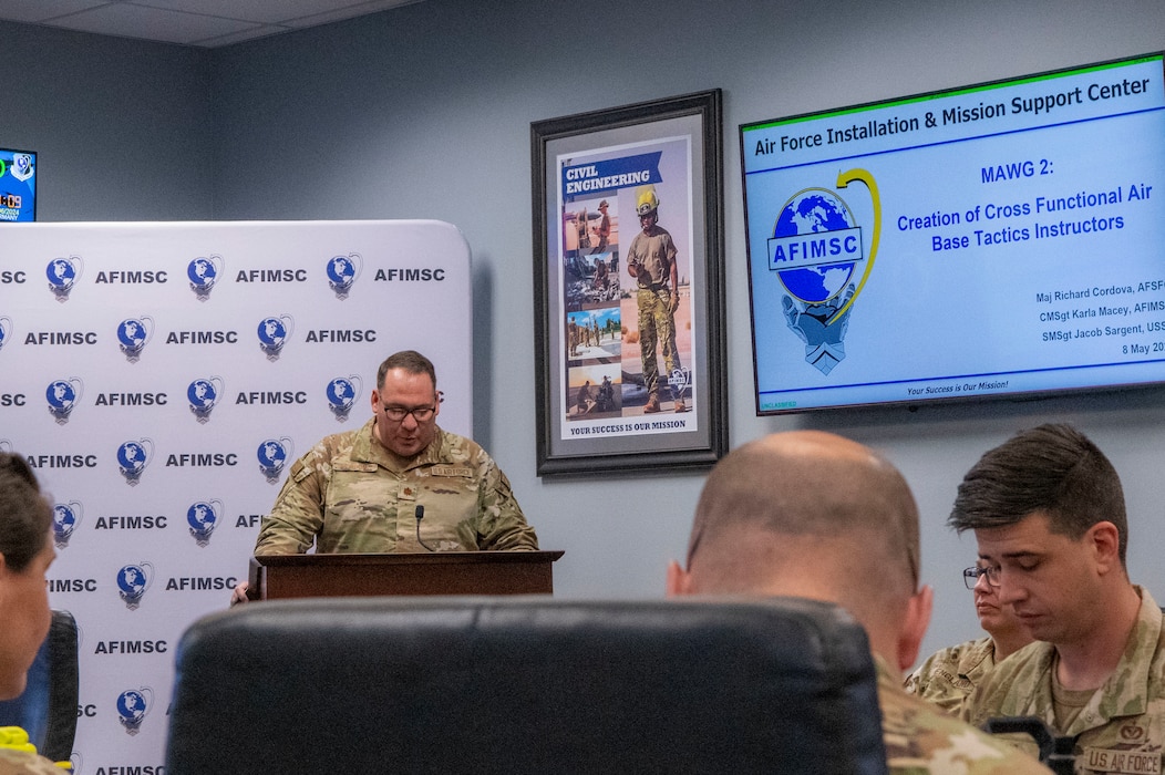 MAWG 2’s out-brief about Airmen readiness training for combat support and combat service support at Installation and Mission Support Weapons and Tactics Conference