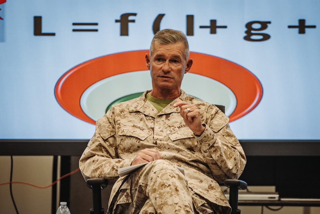 Maj. Gen. Thomas B. Savage, a Chico, California native, commanding general for Marine Air-Ground Task Force Training command, Marine Corps Air-Ground combat Center, addresses students during the Ground Combat Element Commander’s Course 24-2 hosted by Marine Corps Tactics and Operations Group at MCAGCC, Twentynine Palms, California, April 15, 2024. The MCTOG GCECC is a five day operationally focused command preparation course to better ready ground combat element commanders to lead, train, and tactically employ their battalions and regiments in the context of maneuver warfare in support of the MAGTF. (U.S. Marine Corps photo by Lance Cpl. Richard PerezGarcia)