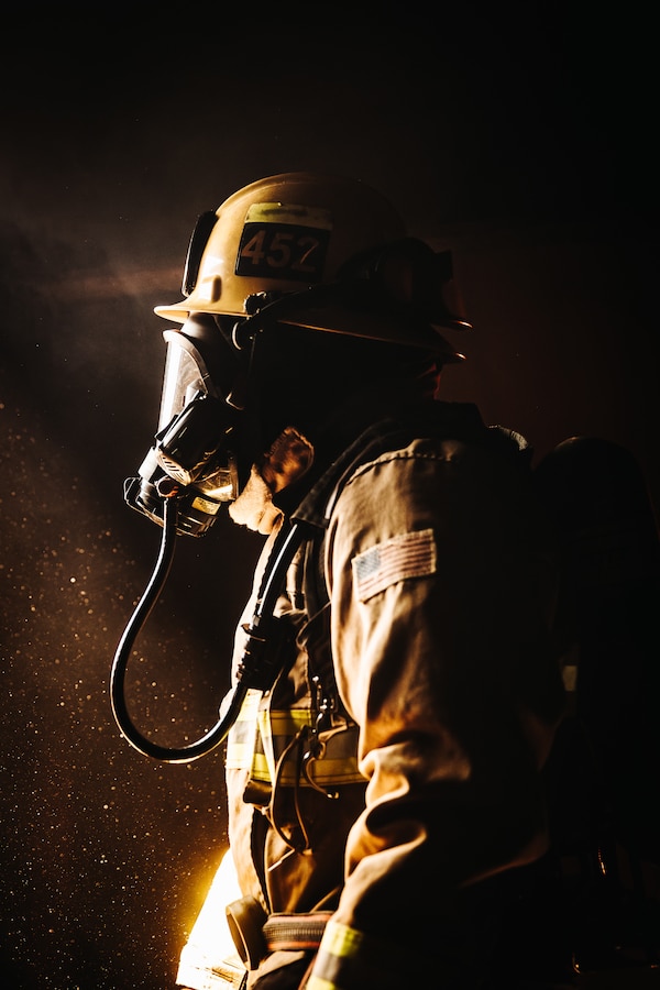 Andrew Harkins, a Lake Arrowhead, California native, firefighter with The Combat Center Fire Department, Marine Corps Air-Ground Combat Center, prepares to put out a controlled fire during routine training at MCAGCC, Twentynine Palms, California, April 22, 2024. The Combat Center Fire Department’s mission is to improve the quality of life at the MCAGCC by providing high quality emergency fire and rescue services, and a fire prevention program.  (U.S. Marine Corps photo by Lance Cpl. Richard PerezGarcia)