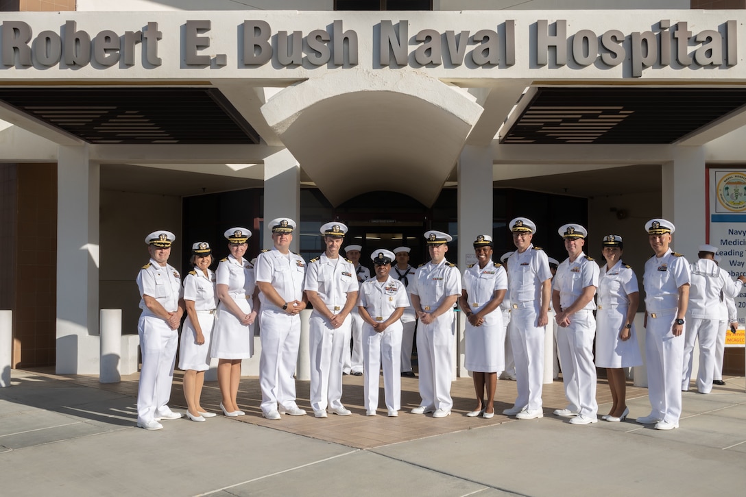 U.S. Navy Sailors pose for a photo during a command dress whites inspection at the Robert E. Bush Naval Hospital, Marine Corps Air-Ground Combat Center, Twentynine Palms, California, April 19, 2024. The inspection is conducted annually in preparation for the Navy’s seasonal uniform change. (U.S. Marine Corps photo by Lance Cpl. Enge You)