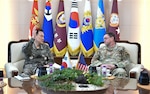 Republic of Korea Gen. Kim, Myung-Soo, Chairman of the Joint Chiefs of Staff, discusses the integration between ROK and U.S. space personnel and operations during a meeting with U.S. Space Force Gen. Chance Saltzman, Chief of Space Operations, in Seoul, ROK, May 7, 2024. Saltzman discussed the importance of space superiority with government and defense officials and continued the dialogue on space and missile defense capabilities on the Korean peninsula during his visit to the ROK, May 5-7. (Courtesy photo provided by ROK Chairman of the Joint Chiefs staff)