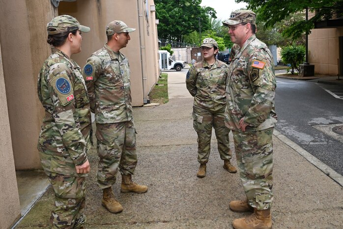 U.S. Space Force Chief of Space Operations Gen. Chance Saltzman, right, speaks with Guardians assigned to 5th Space Warning Squadron, Detachment 3, during a visit to Osan Air Base, Republic of Korea, May 6, 2024.
