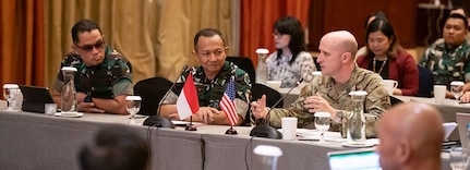 240507-N-ZZ099-1004 JAKARTA, Indonesia (May 7, 2024) U.S. Army Col. Jason Whitford, co-chair of the 2024 Indonesia Bilateral Defense Discussions Mid-Term Review from U.S. Indo-Pacific Command, meets with his counterpart and co-chair from Tentara Nasional Indonesia, Col. Arief Budiman (center), on May 6, 2024, in Jakarta, Indonesia. The MTR aimed to build upon foundational initiatives from the previous gathering in December 2023, by assessing the progress of defense goals and leveraging the unique capabilities of both nations to accelerate their achievement. (U.S. Air Force photo by Tech. Sgt. John Linzmeier)