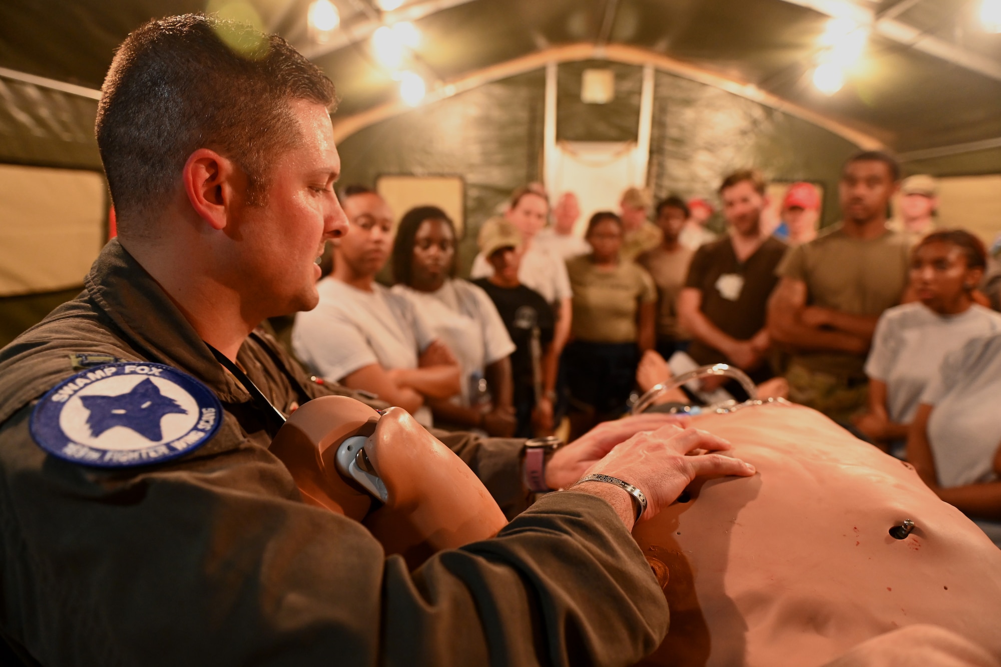 U.S. Air Force Airmen from the 169th Medical Group, Soldiers from Detachment 2, C Company, 2-238th General Support Aviation Battalion (GSAB), and health care professionals from Prisma Health practice decontaminating, triaging, and tactical combat casualty care in a simulated mass casualty incident during MEDFLAG at McEntire Joint National Guard Base, South Carolina, May 2, 2024.
