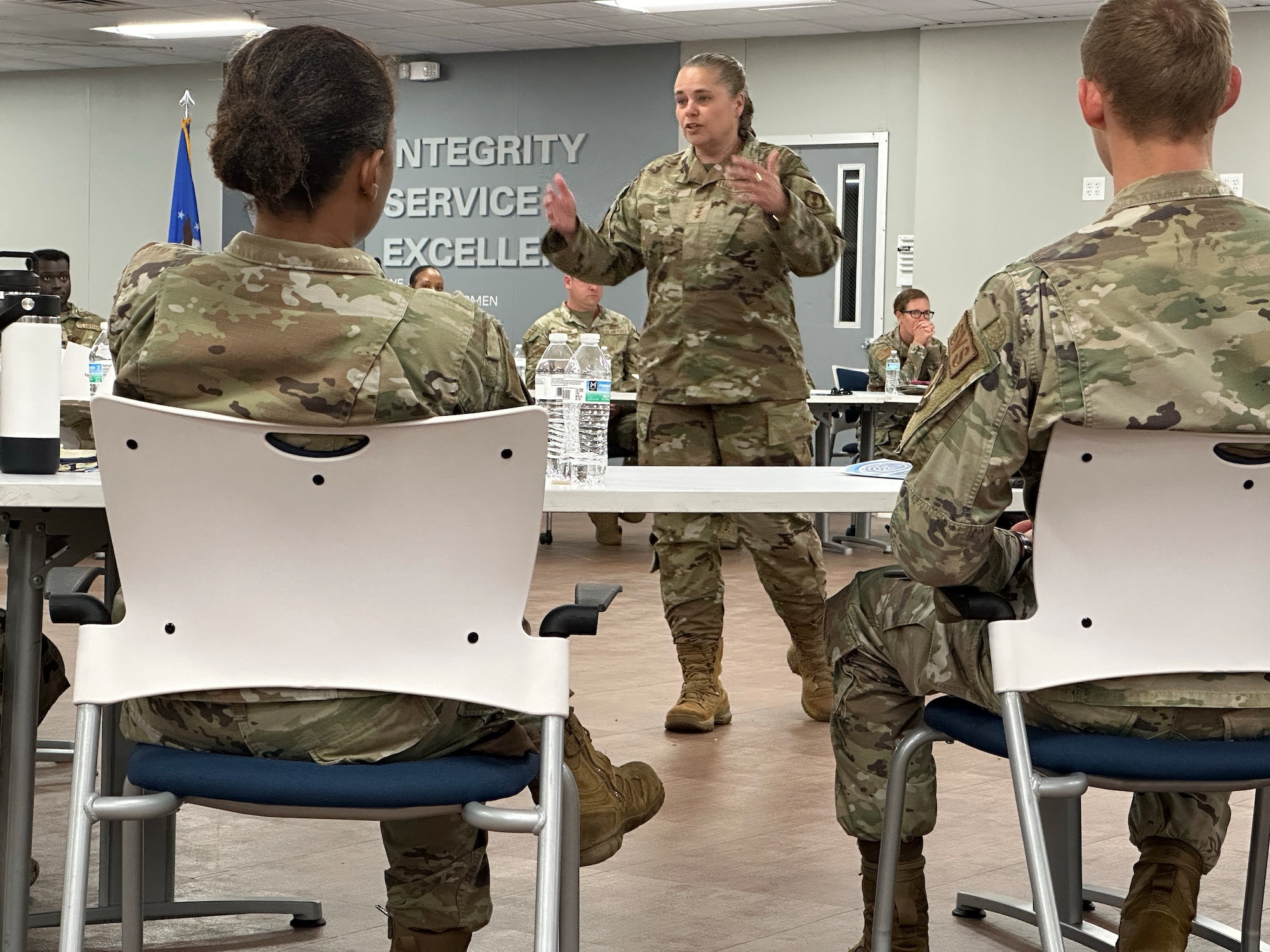 U.S. Air Force Lt. Gen. Linda S. Hurry, Deputy Commander, Air Force Materiel Command, speaks to Airmen during a luncheon Q & A session at Eglin Air Force Base, Fla.