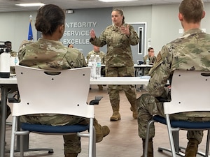 U.S. Air Force Lt. Gen. Linda S. Hurry, Deputy Commander, Air Force Materiel Command, speaks to Airmen during a luncheon Q & A session at Eglin Air Force Base, Fla.