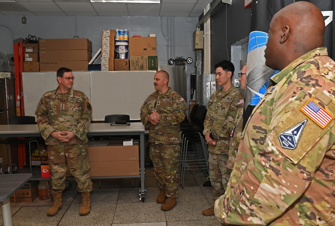 U.S. Space Force Chief of Space Operations Gen. Chance Saltzman, left, listens to a briefing from U.S. Space Force Lt. Col. Joshua McCullion, U.S. Space Forces – Korea commander, center, during a visit to Osan Air Base, Republic of Korea, May 6, 2024.