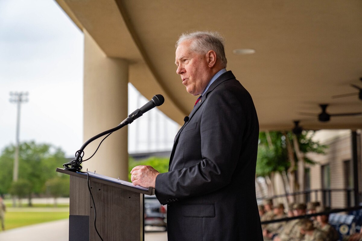 Secretary of the Air Force Frank Kendall addresses 81st Training Group Airmen and Guardians at Keesler Air Force Base, Mississippi, May 3, 2024.