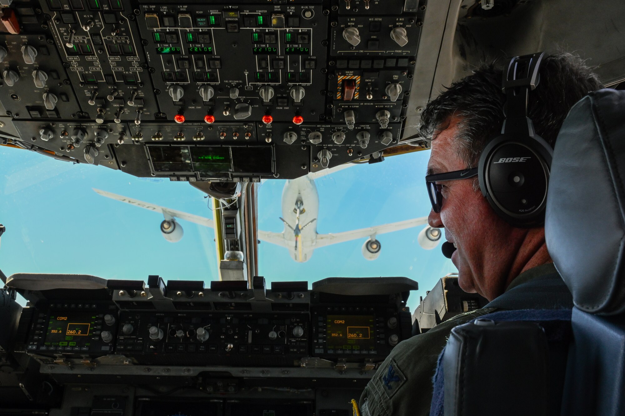 U.S. Air Force Col. John Masterson, 97th Operations Group (OG) commander, prepares to receive fuel in a C-17 Globemaster III aircraft from a KC-46 Pegasus aircraft, in the Texas airspace, Oklahoma, April 30, 2024. The aerial refueling took place during a large force exercise conducted by the 97th OG. (U.S. Air Force photo by Airman 1st Class Jonah G. Bliss)
