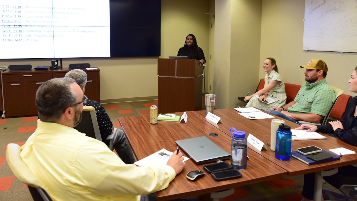 Stephanie Coleman, Equal Employment Opportunity Office chief, shares her experiences and expertise as a supervisor and EEO officer May 8, 2024, with participants in the Supervisors Training Program at the U.S. Army Corps of Engineers Nashville District Headquarters in Nashville, Tennessee. She started as a part time clerk typist with the Operations Division’s Natural Resources Branch in September 1987.  (USACE Photo by Lee Roberts)