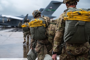 U.S. Army Soldiers assigned to the 173rd Airborne Brigade prepare to load a C-17 Globemaster III during exercise Swift Response 24.