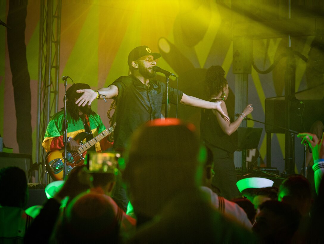Members of The Wailers band perform for U.S. Marines and Sailors at the All Hands on Deck Concert, hosted by the Blue Star Families, during Fleet Week Miami, May 7, 2024. Fleet Week Miami, a celebration of the sea services in its first year, offers residents of Miami-Dade County and visitors an opportunity to meet U.S. Marines, Sailors, and Coast Guardsmen, tour U.S. Navy ships and Coast Guard vessels, and learn more about today’s maritime capabilities. (U.S. Marine Corps Photo by Lance Cpl. Joseph E. DeMarcus)