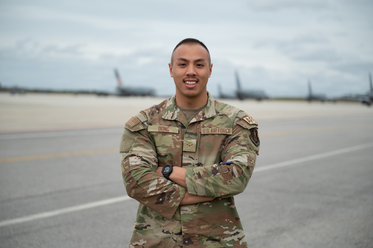 Airman 1st Class Sokthearrith Dong, an aircrew flight equipment specialist with the 157th Operations Group, poses on the flight line May 5, 2024, at Pease Air National Guard Base, New Hampshire. When a man collapsed at Dong’s gym April 15, he immediately initiated emergency care and saved his life.