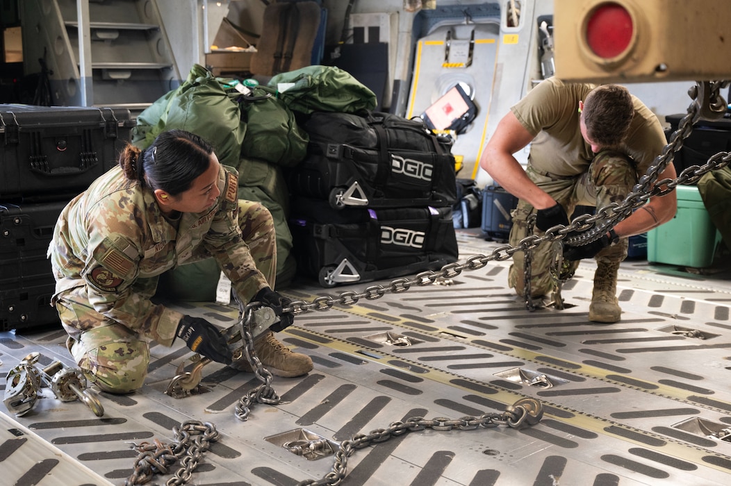 In a collaborative effort, the 62d Airlift Wing partnered with the U.S. Army’s 1st Battalion, 14th Field Artillery Regiment, 75th Field Artillery Brigade, to load multiple High Mobility Multipurpose Wheeled Vehicles (Humvees) and High Mobility Artillery Rocket Systems (HIMARS) into a U.S. Air Force C-17 Globemaster III at Joint Base Lewis-McChord, Washington, May 3, 2024. This joint effort is in support of Exercise Swift Response 24, which is a U.S. Army Europe & Africa led exercise focused on Allied airborne forces’ ability to respond to crises quickly and effectively as an interoperable, multi-national team. The airborne operations and training with Allies and partners showcase the 62d AW’s ability to execute today’s global airlift mission across the globe.