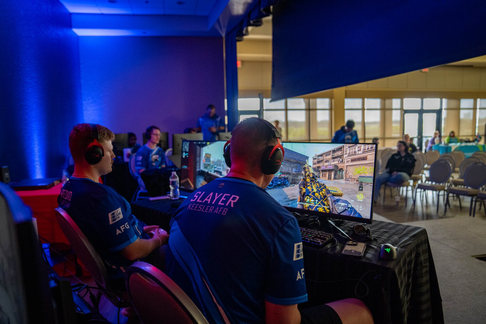 U.S. Air Force Tech. Sgt. Michael Daehnert and Staff Sgt. Anthony Ryan, members of the 81st Security Forces Squadron and Keesler’s Eastern Regional Esports Invitational team, compete during Keesler Con and the EREI at Keesler Air Force Base, Mississippi, May 4, 2024.