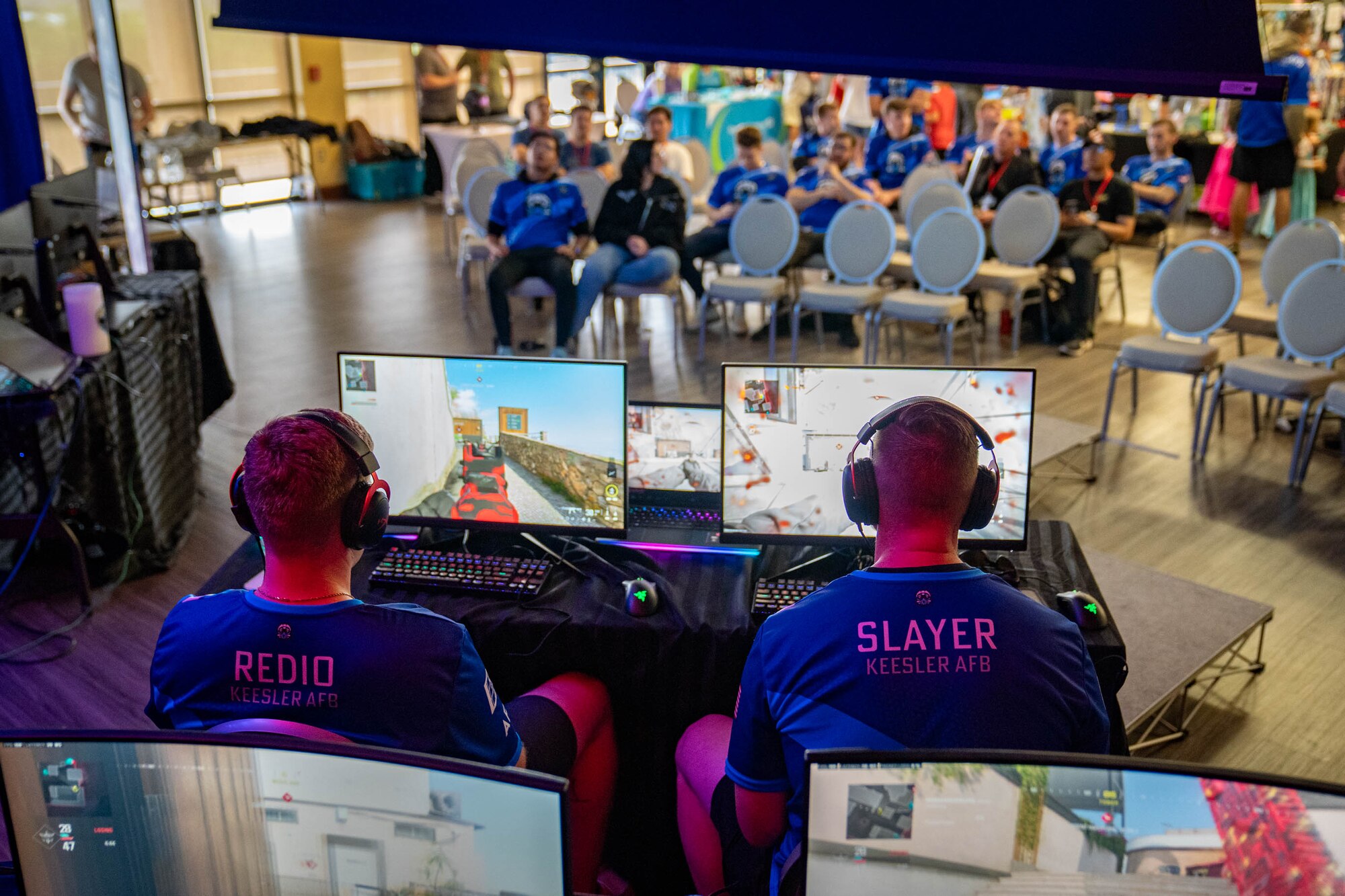 U.S. Air Force Tech. Sgt. Michael Daehnert and Staff Sgt. Anthony Ryan, members of the 81st Security Forces Squadron and Keesler’s Eastern Regional Esports Invitational team, compete during Keesler Con and the EREI at Keesler Air Force Base, Mississippi, May 4, 2024.
