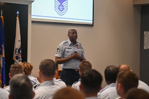 U.S. Air Force Chief Master Sgt. Derrick Sherrod, 17th Mission Support Group senior enlisted leader, speaks at the 17th Training Wing Commander’s Call and 1st Quarterly Awards Ceremony at the Powell Event Center, Goodfellow Air Force Base, Texas, May 3, 2024. The 17th TRW honored individuals for their achievements and contributions to the wing. (U.S. Air Force photo by Airman James Salellas)