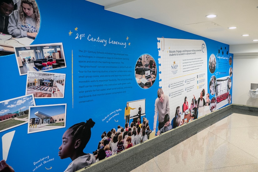 A wall display highlights children and educators.