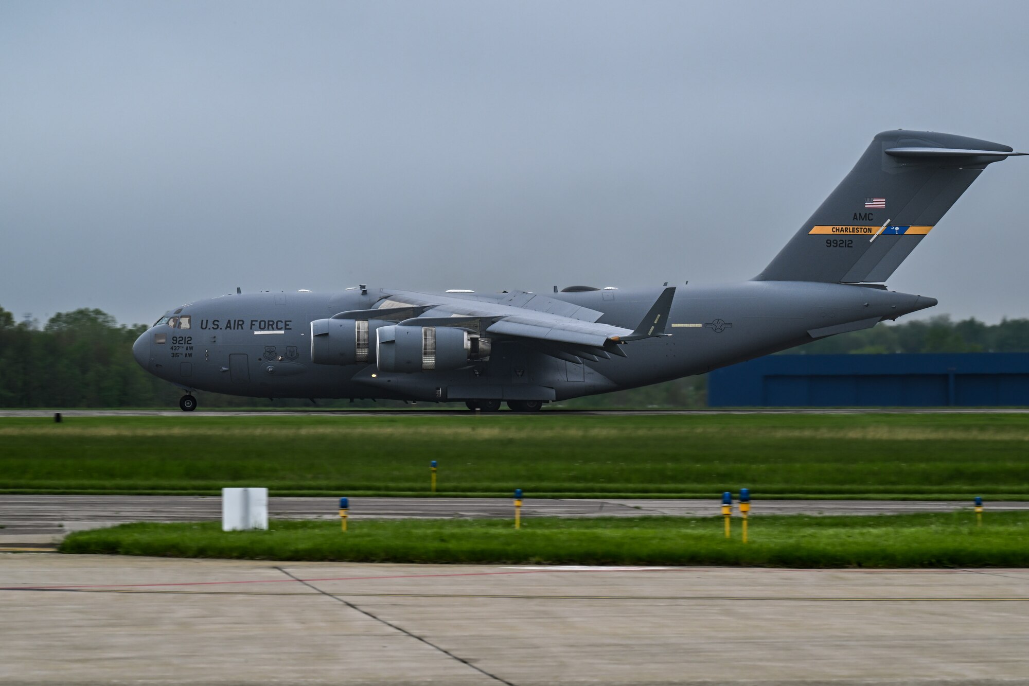 A C-17 Globemaster III assigned to Joint Base Charleston, South Carolina, lands at Youngstown Air Reserve Station, Ohio, May 5, 2024.
