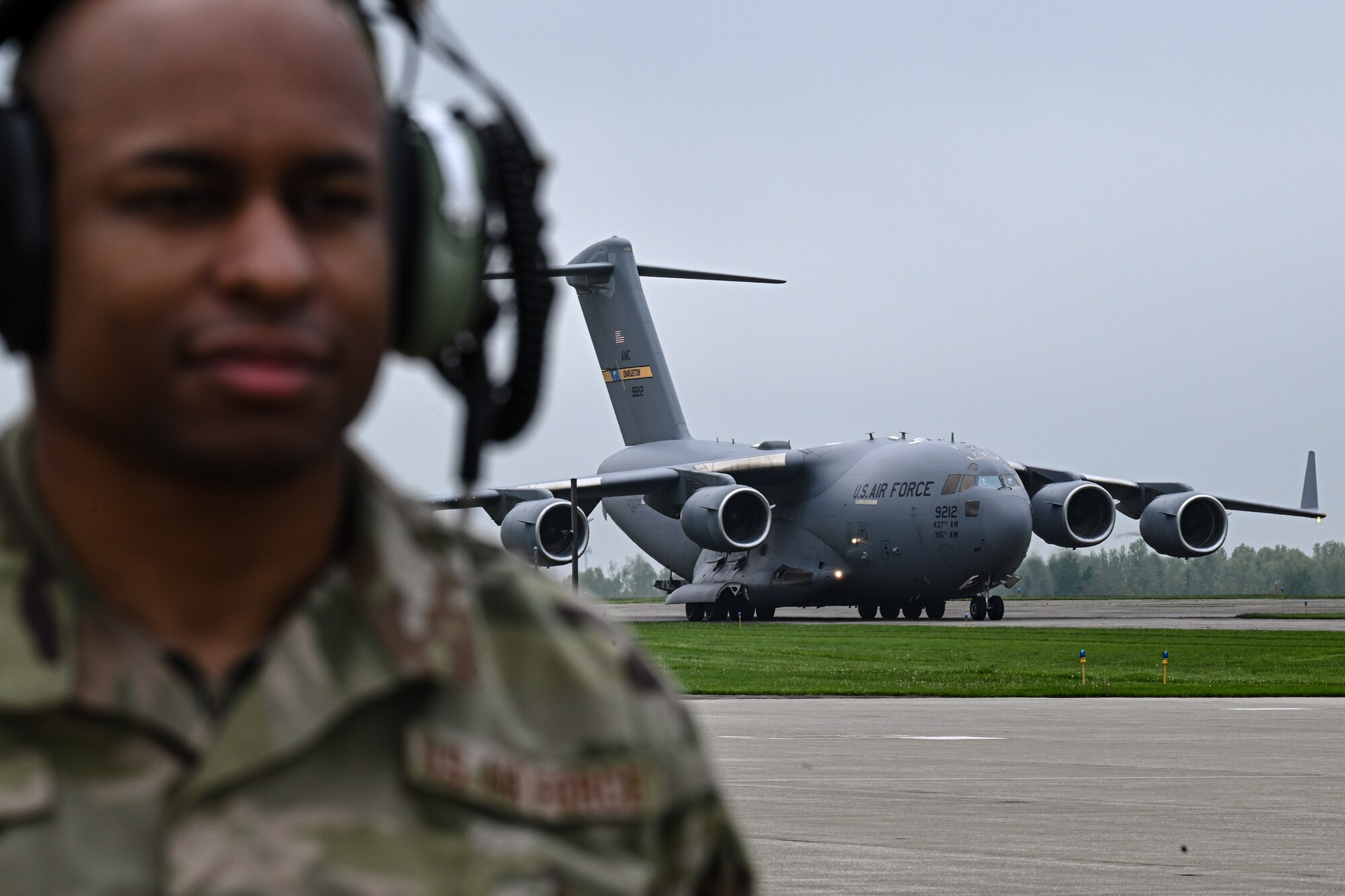 A C-17 Globemaster III assigned to Joint Base Charleston, South Carolina, lands at Youngstown Air Reserve Station, Ohio, May 5, 2024.
