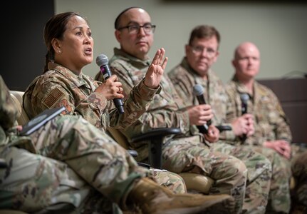 U.S. Air Force Col. Leah Boling, director, Air National Guard Chaplain Corps, answers questions during a panel session at the ANG Chaplain Corps Religious Support Team Symposium at Joint Base Andrews, Md., May 2, 2024. The annual event brought together religious leaders and support personnel from across the nation to collaborate on religious freedom, accommodation, morale and readiness of chaplains across the force.