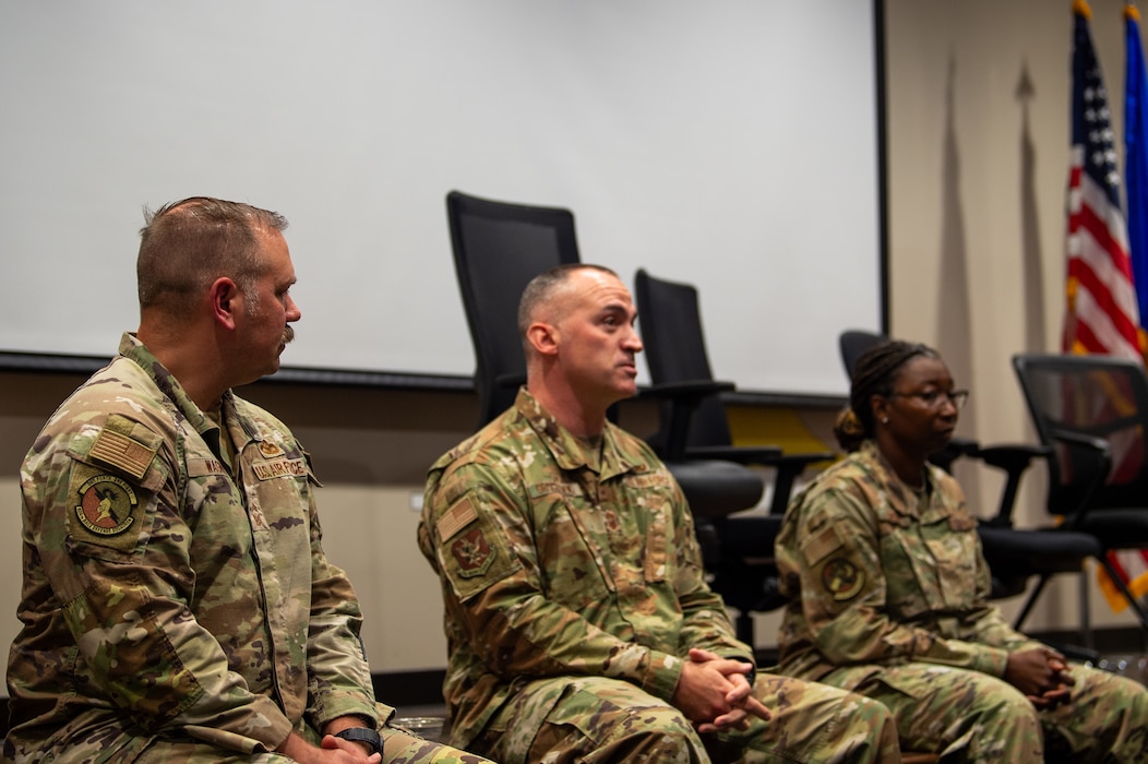 U.S. Air Force chief master sergeants sit on a panel during the First Sergeant Symposium at Moody Air Force Base, Georgia, May 6, 2024. The purpose of the chief’s panel is to give aspiring first sergeants an outside look as to how first sergeants support the command team. (U.S. Air Force photo by Airman 1st Class Iain Stanley)
