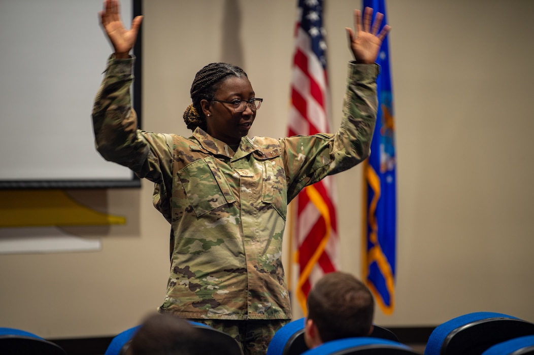 U.S. Air Force Chief Master Sgt. Yucari Brown, 23rd Civil Engineer Squadron senior enlisted leader, kicks off the First Sergeant Symposium at Moody Air Force Base, Georgia, May 6, 2024. Brown spent some of her career as a first sergeant and had a plethora of advice for aspiring first sergeants. (U.S. Air Force photo by Airman 1st Class Iain Stanley)