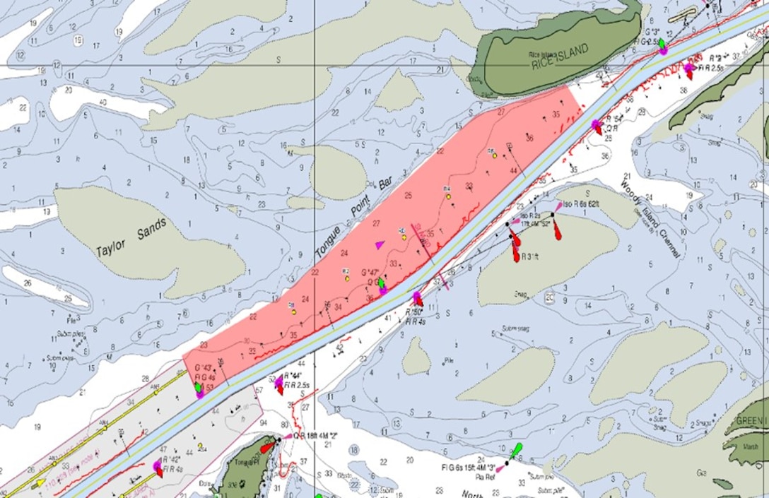 A chart depicts an anchorage ground in the Columbia River near Rice Island, Oregon, May 9, 2024. The Coast Guard reopened the comment period for a notice of proposed rulemaking (NPRM) to federalize the existing anchorage ground. (Coast Guard Graphic courtesy of Coast Guard Sector Columbia River)