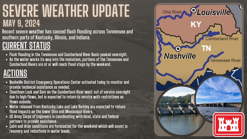 Recent severe weather events have caused flash flooding across Tennessee and southern parts of Kentucky, Illinois, and Indiana. Flash flooding in the Tennessee and Cumberland River basin peaked overnight. As water works its way into the mainstem, portions of the Tennessee and Cumberland Rivers are at or will reach flood stage by the weekend.