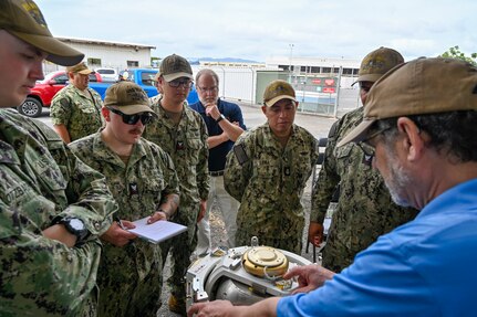 JOINT BASE PEARL HARBOR-HICKAM (March 11, 2024) Sailors stationed on submarines homeported at Joint Base Pearl Harbor-Hickam, Hawaii receive demonstrations and hands-on training of navigation equipment from members of the Naval Information Warfare Center (NIWC) Atlantic in their Mobile Training Lab, March 11, 2024. The Pacific Submarine Force provides strategic deterrence; anti-submarine warfare; anti-surface warfare; precision land strike; intelligence, surveillance, reconnaissance, and early warning; and special warfare capabilities around the globe. (U.S. Navy photo by Chief Mass Communication Specialist Amy Biller)