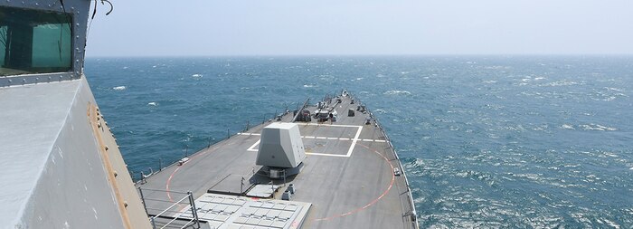 240508-N-IM467-1014 TAIWAN STRAIT (May 8, 2024) The Arleigh Burke-class guided-missile destroyer USS Halsey (DDG 97) conducts routine underway operations while transiting through the Taiwan Strait, May 8. Halsey is forward-deployed and assigned to Destroyer Squadron (DESRON) 15, the Navy’s largest DESRON and the U.S. 7th Fleet’s principal surface force. (U.S. Navy photo by Mass Communication Specialist 3rd class Ismael Martinez)