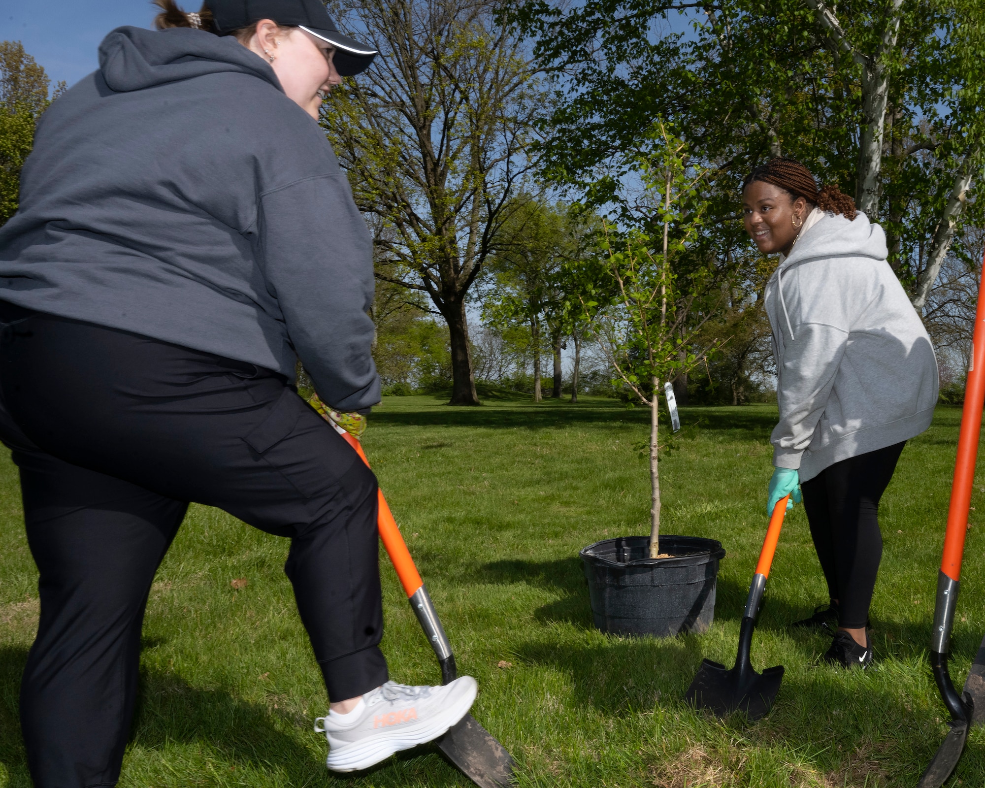 Two women push shovels into the ground. A small tree in a pot sits in the background.