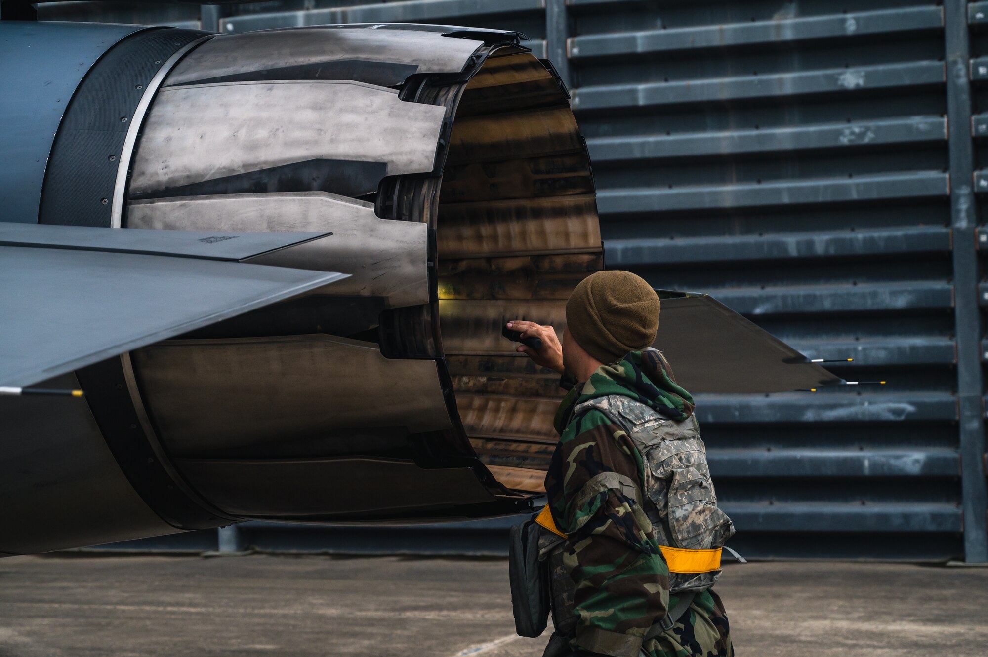 Staff Sgt. Tristan Callum performs a visual inspection of an F-16 Fighting Falcon.