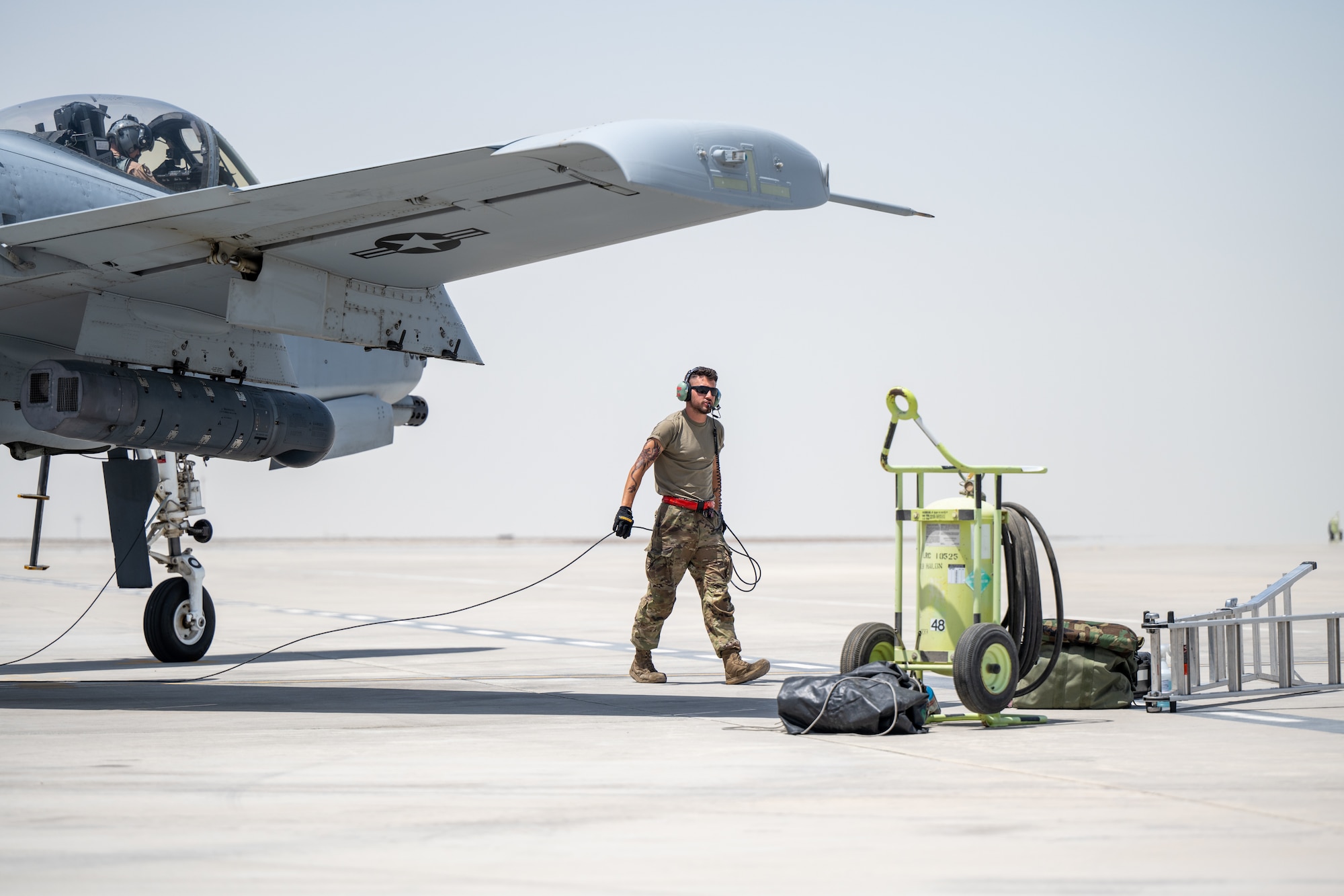 U.S. Air Force A-10 Thunderbolt IIs from the 104th Fighter Squadron, assigned to the Maryland Air National Guard, as well as support personnel participate in Desert Flag 2024, May 9, 2024.  Desert Flag provides strategic training which includes 10 countries and 12 separate airframes to build upon a cohesive fighting force in the defense of the Arabian Peninsula. Along with the U.S., the participating countries include: France, Germany, Kuwait, Oman, Saudi Arabia, South Korea, Turkey, UAE, and the United Kingdom. (U.S. Air Force photo)