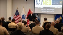 FALLS CHURCH, Va. (May 8, 2024) Master Chief Petty Officer of the Navy James Honea speaks to Navy Medicine leaders during the 2024 Navy Surgeon General’s Leadership Symposium at the U.S. Navy Bureau of Medicine and Surgery headquarters, May 7, 2024. Honea engaged in an open forum, addressing concerns and fielding questions about his focus on warfighting competency, professional and character development, and quality of life for Sailors. Navy Medicine leaders from more than 70 commands gathered to discuss the current strategic vision and priorities of Navy Medicine. (U.S. Navy photo by Chief Mass Communication Specialist John Grandin)