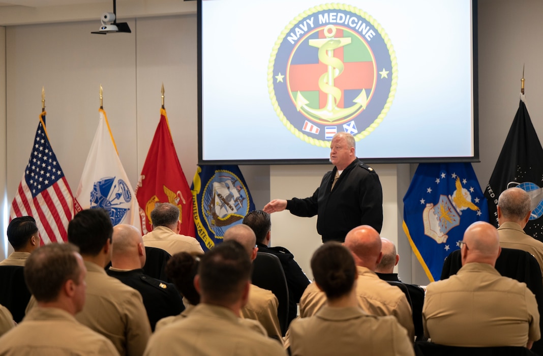 FALLS CHURCH, Va. (May 8, 2024) Master Chief Petty Officer of the Navy James Honea speaks to Navy Medicine leaders during the 2024 Navy Surgeon General's Leadership Symposium at the U.S. Navy Bureau of Medicine and Surgery headquarters, May 7, 2024. Honea engaged in an open forum, addressing concerns and fielding questions about his focus on warfighting competency, professional and character development, and quality of life for Sailors. Navy Medicine leaders from more than 70 commands gathered to discuss the current strategic vision and priorities of Navy Medicine. (U.S. Navy photo by Chief Mass Communication Specialist John Grandin)