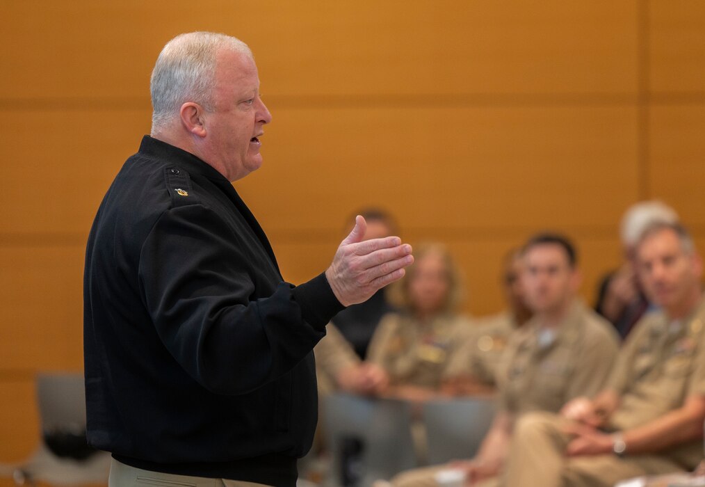 FALLS CHURCH, Va. (May 8, 2024) Master Chief Petty Officer of the Navy James Honea speaks to Navy Medicine leaders during the 2024 Navy Surgeon General 's Leadership Symposium at the U.S. Navy Bureau of Medicine and Surgery headquarters, May 7, 2024. Honea engaged in an open forum, addressing concerns and fielding questions about his focus on warfighting competency, professional and character development, and quality of life for Sailors. Navy Medicine leaders from more than 70 commands gathered to discuss the current strategic vision and priorities of Navy Medicine. (U.S. Navy photo by Chief Mass Communication Specialist John Grandin)