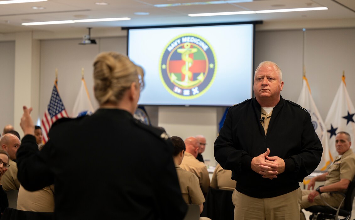 FALLS CHURCH, Va. (May 8, 2024) Master Chief Petty Officer of the Navy James Honea speaks to Navy Medicine leaders during the 2024 Navy Surgeon General 's Leadership Symposium at the U.S. Navy Bureau of Medicine and Surgery headquarters, May 7, 2024. Honea engaged in an open forum, addressing concerns and fielding questions about his focus on warfighting competency, professional and character development, and quality of life for Sailors. Navy Medicine leaders from more than 70 commands gathered to discuss the current strategic vision and priorities of Navy Medicine. (U.S. Navy photo by Chief Mass Communication Specialist John Grandin)