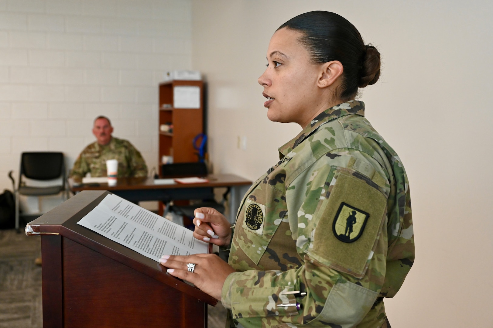 U.S. Army Master Sgt. Raven Carr, chief instructor, District of Columbia National Guard, facilitates a component of the Common Faculty Development-Instructor Course (CFD-IC) at the D.C. National Guard’s 260th Regiment Regional Training Institute (RTI) at Fort Belvoir, Va., March 15, 2024. The course teaches new instructors, trainers, and facilitators how to build lesson plans and effectively reach their intended audience.