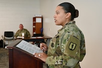 U.S. Army Master Sgt. Raven Carr, chief instructor, District of Columbia National Guard, facilitates a component of the Common Faculty Development-Instructor Course (CFD-IC) at the D.C. National Guard’s 260th Regiment Regional Training Institute (RTI) at Fort Belvoir, Va., March 15, 2024. The course teaches new instructors, trainers, and facilitators how to build lesson plans and effectively reach their intended audience.