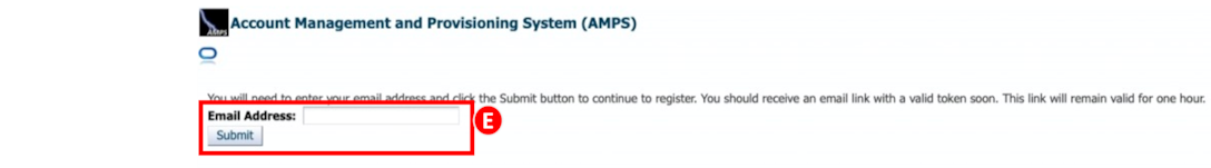 Users starting the AMPS registration process must insert their email address and select the Submit button.