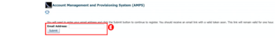 Users starting the AMPS registration process must insert their email address and select the Submit button.