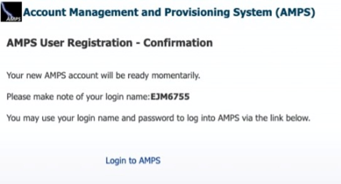 Last screen in the AMPS registration process that confirms AMPS User Registration and gives users their new login name.
